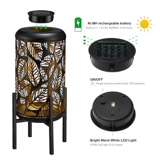 Glitzhome® 14.25" Black Metal Cutout Leaves Pattern Solar Powered LED Outdoor Lantern, 2ct.
